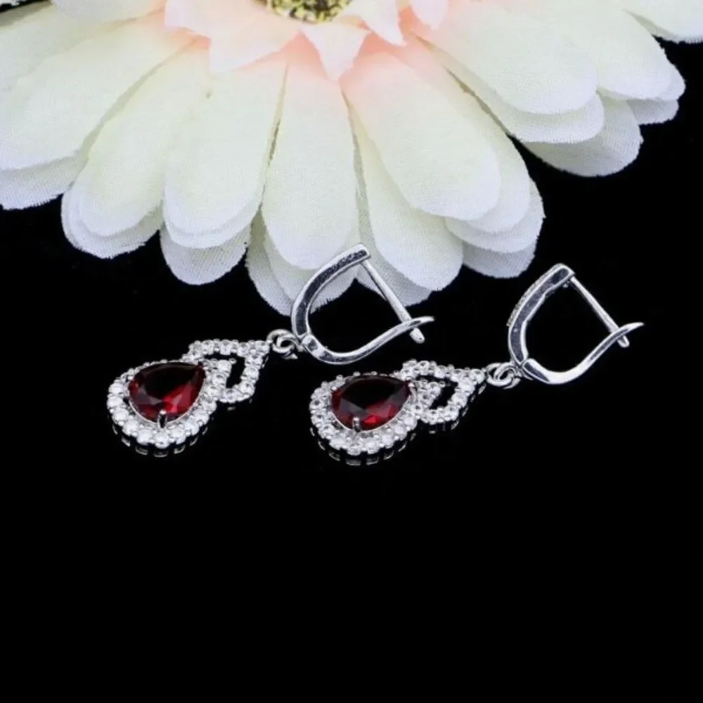 RUBY DIAMOND STERLING SILVER WATER DROP EARRINGS